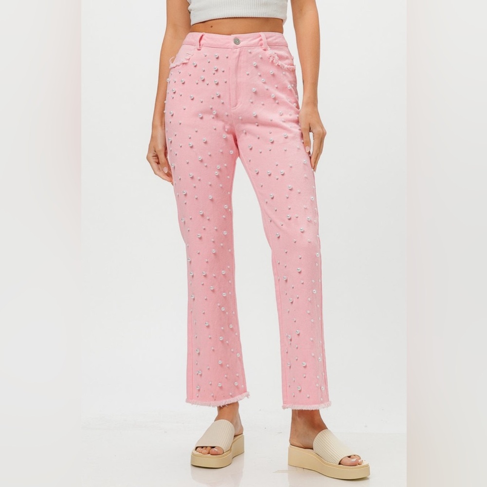 BiBi Pink Straight Leg Cropped Jeans with Embellishments